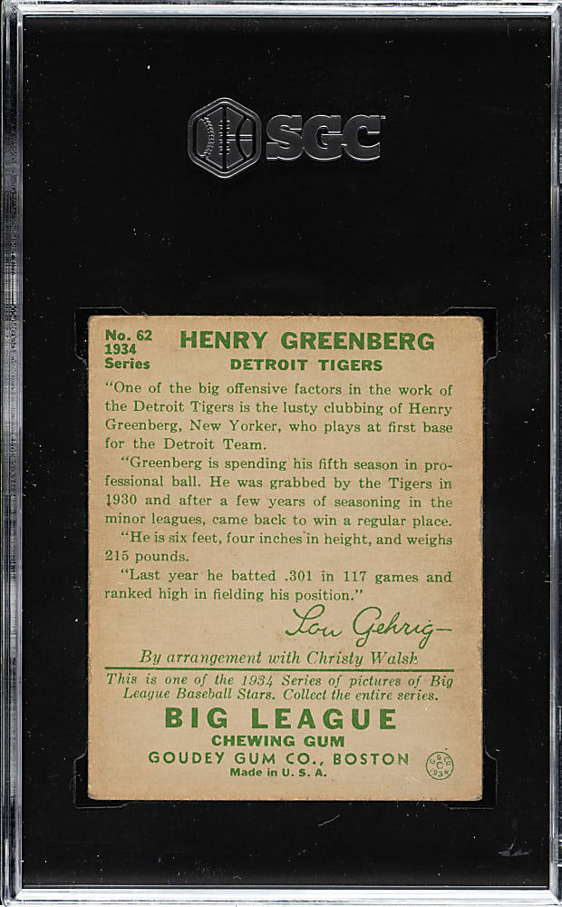1934 R320 Goudey #62 Hank Greenberg Rookie SGC VG/EX+ 4.5