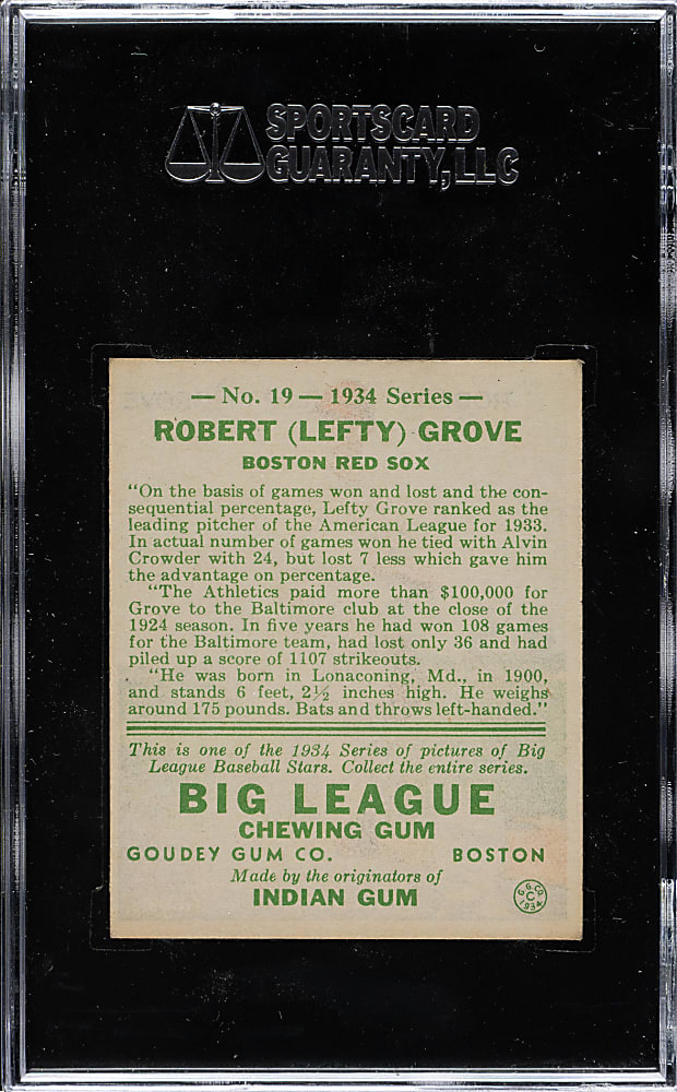 1934 R320 Goudey #19 Lefty Grove SGC EX/NM 80