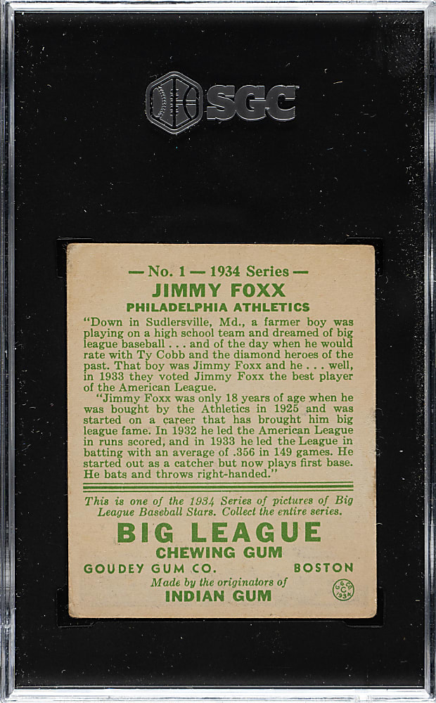 1934 R320 Goudey #1 Jimmy Foxx SGC VG/EX 4