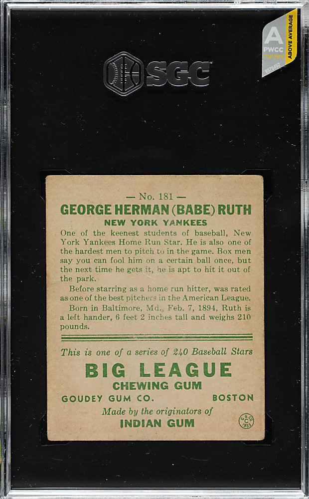 1933 R319 Goudey #181 Babe Ruth SGC VG 3