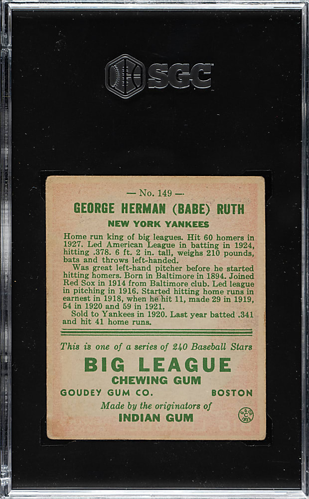 1933 R319 Goudey #149 Babe Ruth SGC VG 3