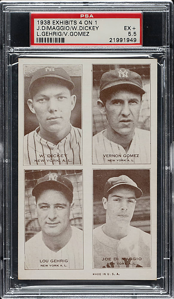 1938 Exhibits 4-On-1 with Bill Dickey, Vernon Gomez, Lou Gehrig, and Joe DiMaggio PSA EX+ 5.5
