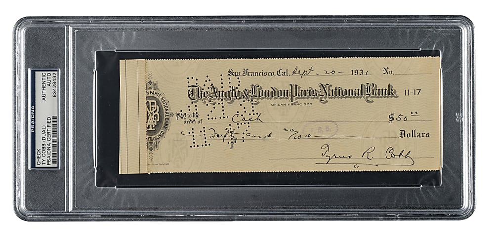 1931 Ty Cobb Twice-Signed Check PSA/DNA NM-MT 8