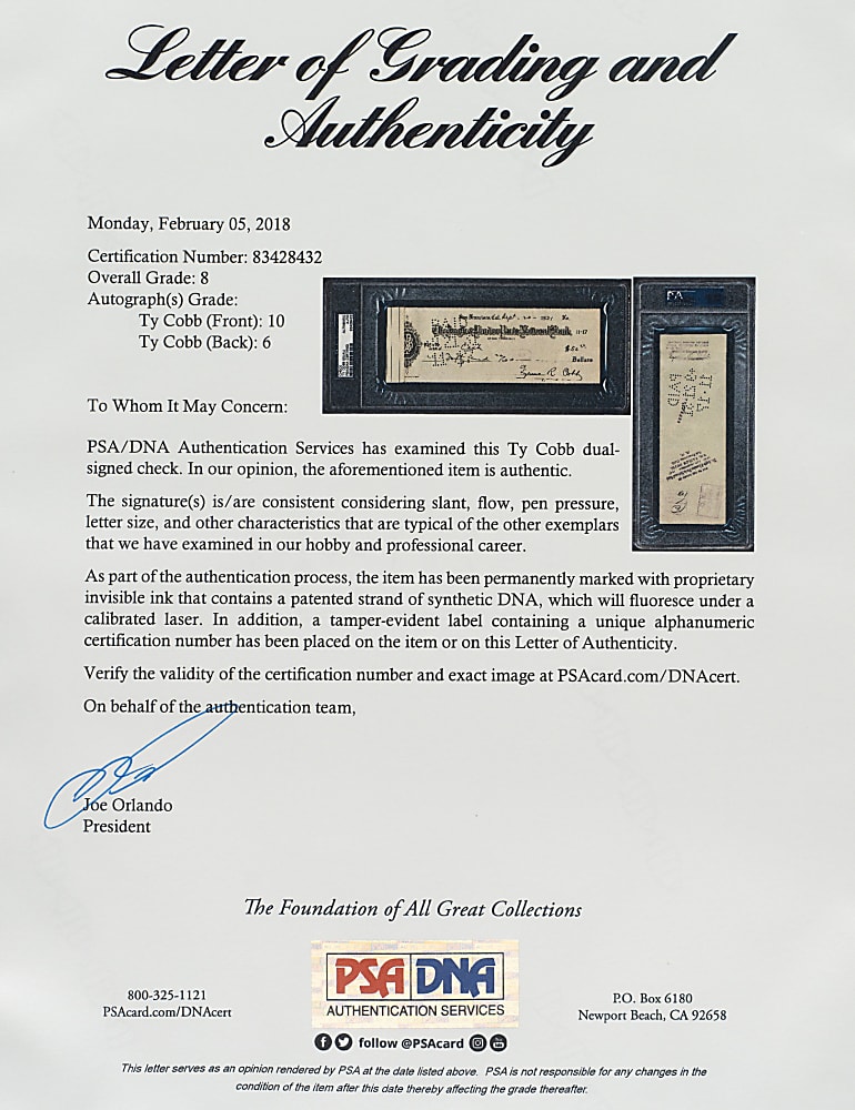 1931 Ty Cobb Twice-Signed Check PSA/DNA NM-MT 8