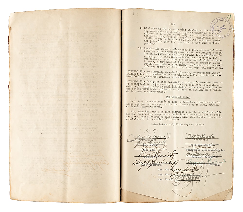 1952 Pedro Betancourt Cuban Amateur Baseball League Rulebook