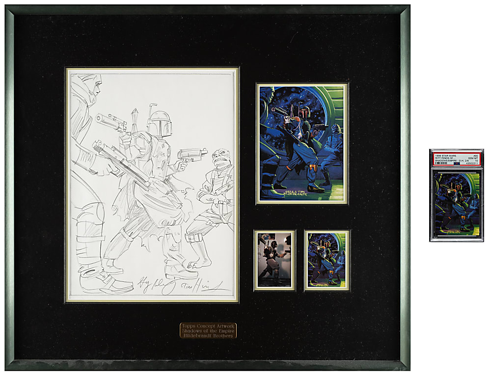 1996 Topps "Star Wars" Shadows of the Empire #90 Fett Fends Off Fellow Bounty Hunters Original Concept Artwork by Tim and Greg Hildebrandt Plus PSA GEM MINT 10 Card