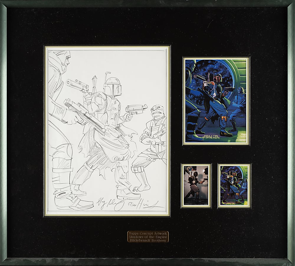 1996 Topps "Star Wars" Shadows of the Empire #90 Fett Fends Off Fellow Bounty Hunters Original Concept Artwork by Tim and Greg Hildebrandt Plus PSA GEM MINT 10 Card