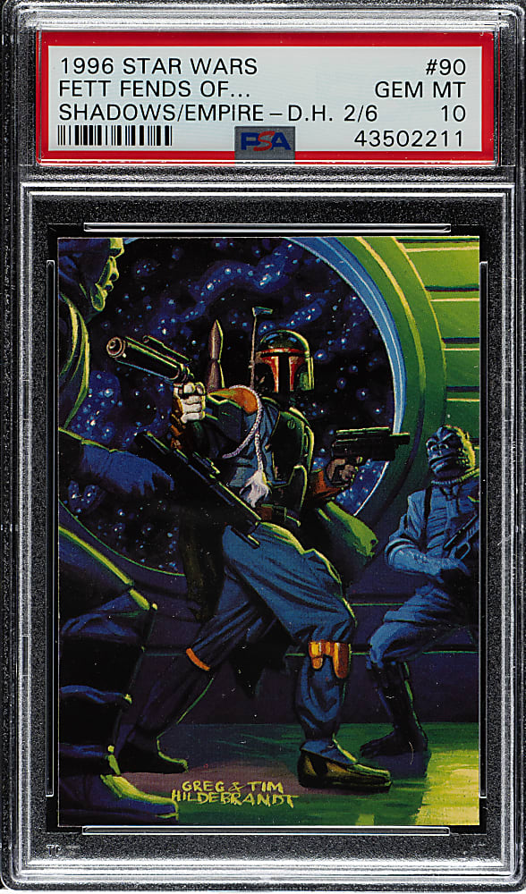 1996 Topps "Star Wars" Shadows of the Empire #90 Fett Fends Off Fellow Bounty Hunters Original Concept Artwork by Tim and Greg Hildebrandt Plus PSA GEM MINT 10 Card