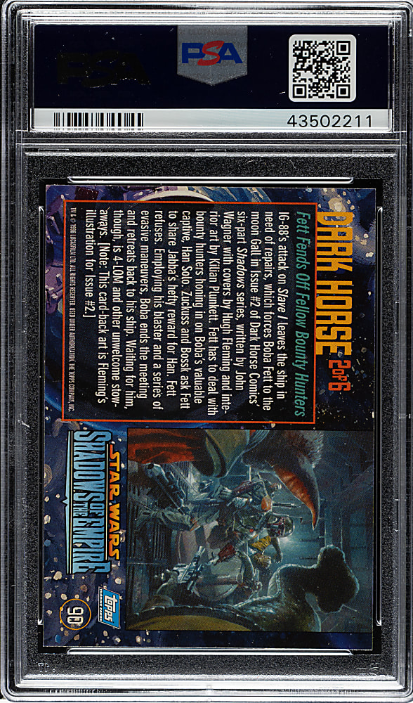 1996 Topps "Star Wars" Shadows of the Empire #90 Fett Fends Off Fellow Bounty Hunters Original Concept Artwork by Tim and Greg Hildebrandt Plus PSA GEM MINT 10 Card