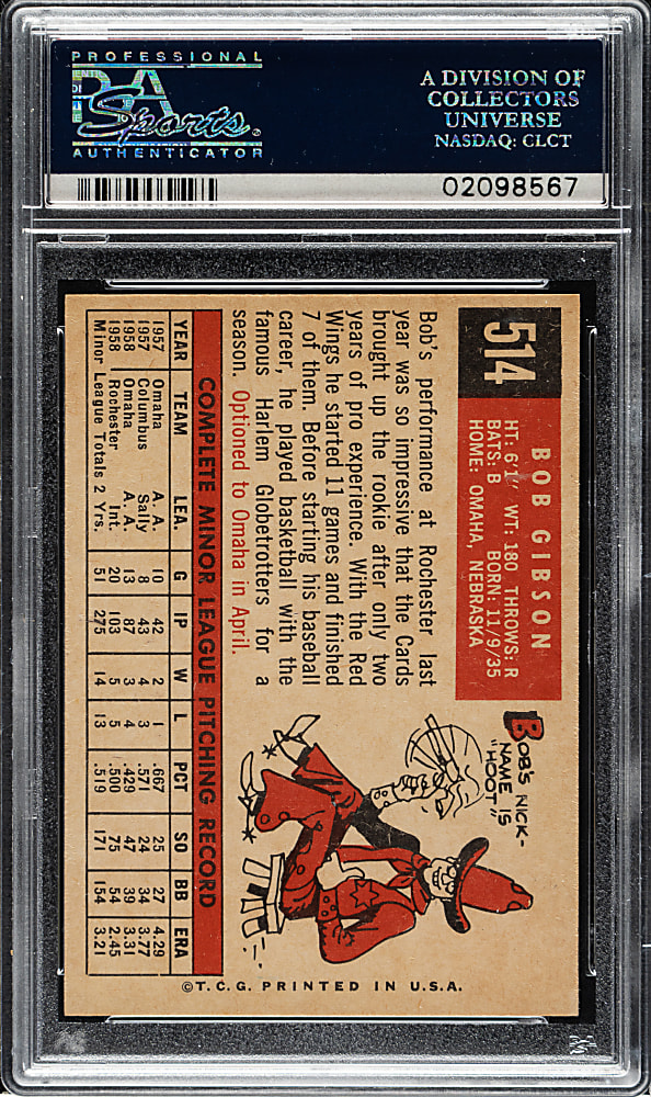 1959 Topps #514 Bob Gibson Rookie PSA MINT 9