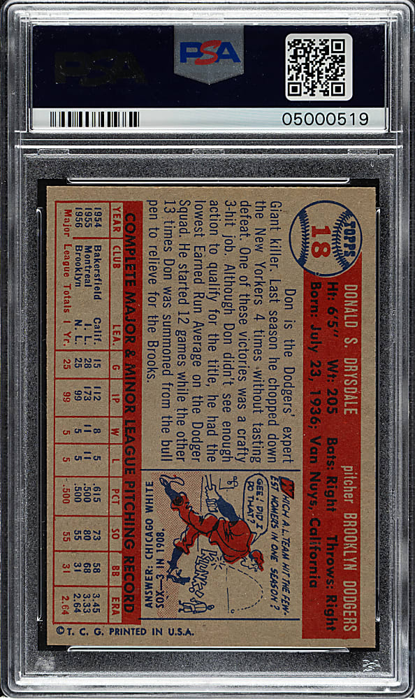 1957 Topps #18 Don Drysdale Rookie PSA MINT 9 - Highest Graded!