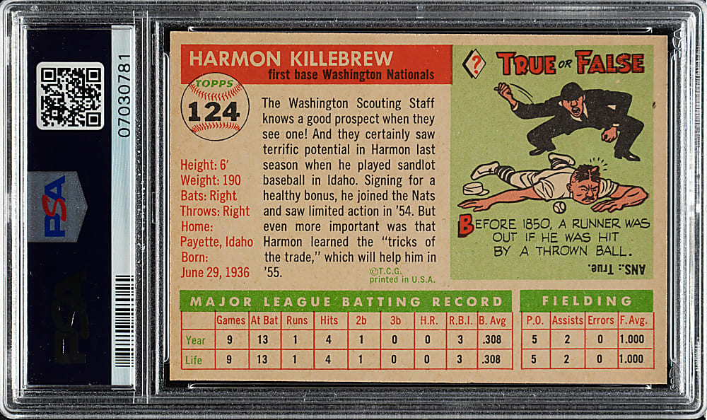 1955 Topps #124 Harmon Killebrew Rookie PSA MINT 9