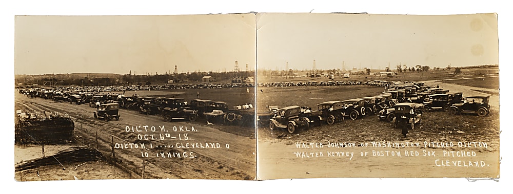 1918 Walter Johnson Oilton (Oklahoma) vs. Cleveland Exhibition Game Panoramic Photograph - Pitching for Oilton