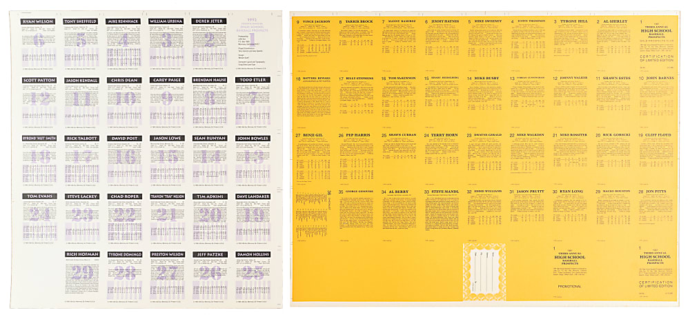 1991 and 1992 Little Sun Prospects Complete Set Uncut Sheet Collection (11 Sheets) Including Derek Jeter and Manny Ramirez