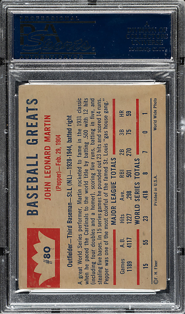 Extremely Rare 1960 Fleer #80 Lefty Grove with Pepper Martin Back PSA GOOD 2