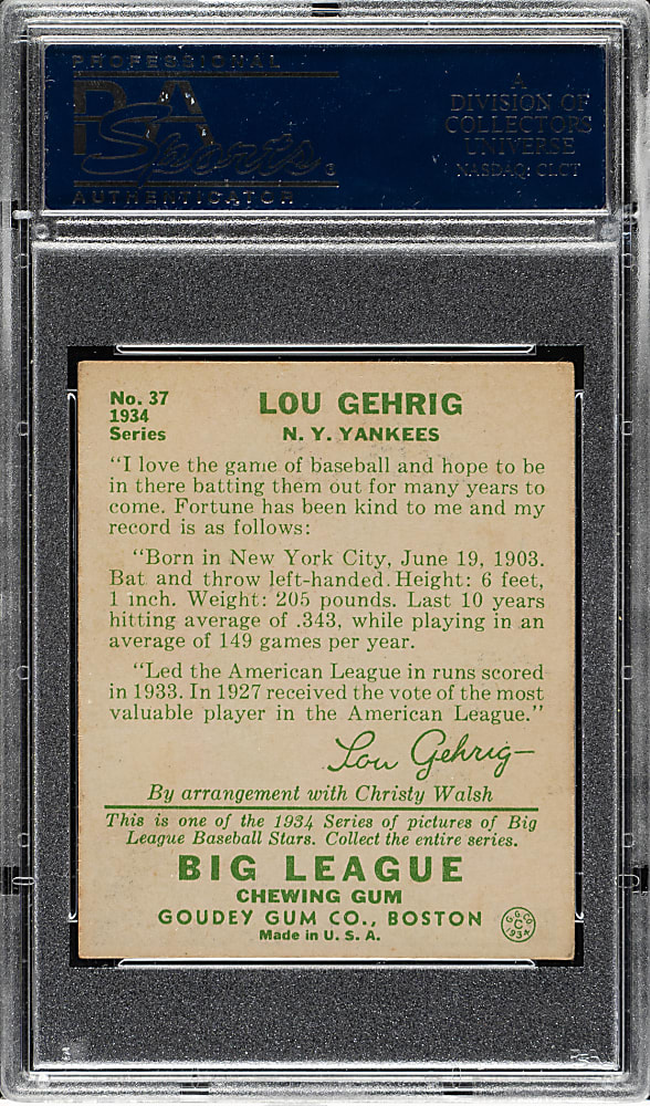 1934 R320 Goudey #37 Lou Gehrig PSA VG-EX 4