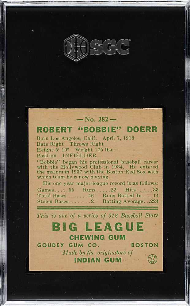 1938 R323 Goudey "Heads-Up" #282 Bobby Doerr SGC NM 7