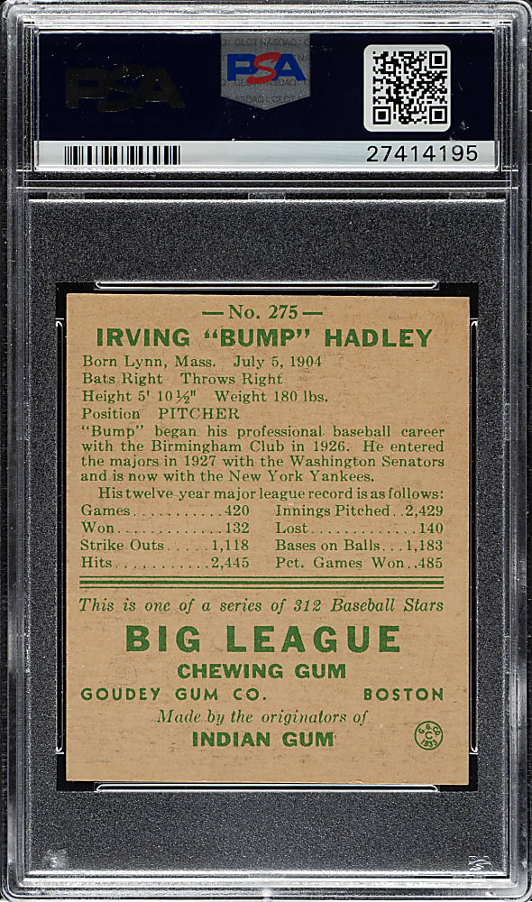 1938 R323 Goudey "Heads-Up" #275 Bump Hadley PSA NM 7