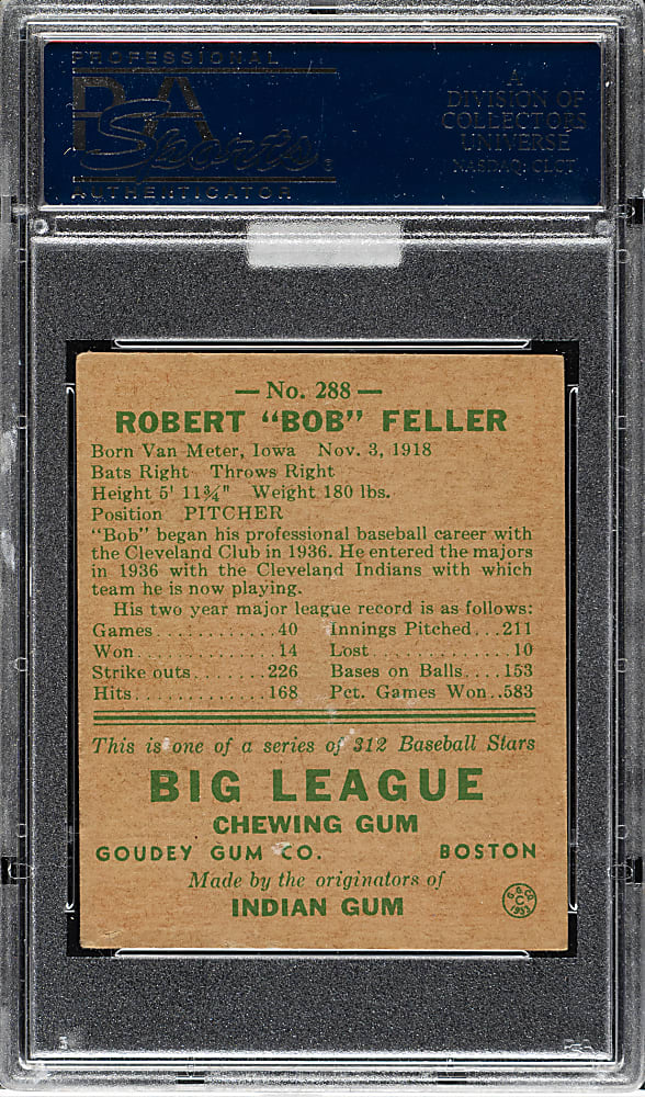 1938 R323 Goudey "Heads-Up" #288 Bob Feller PSA VG-EX 4 (MBA Silver Diamond)