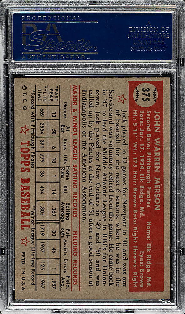 1952 Topps #375 Jack Merson High Number PSA NM 7