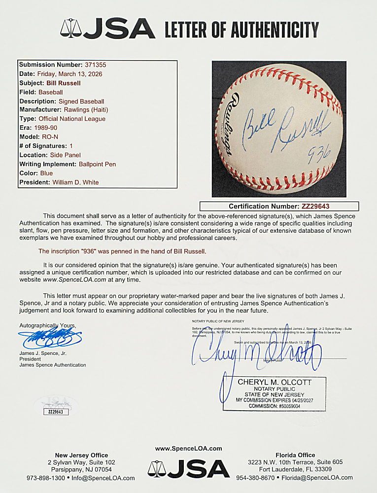 Bill Russell Single-Signed Baseball with "936" Inscription - JSA