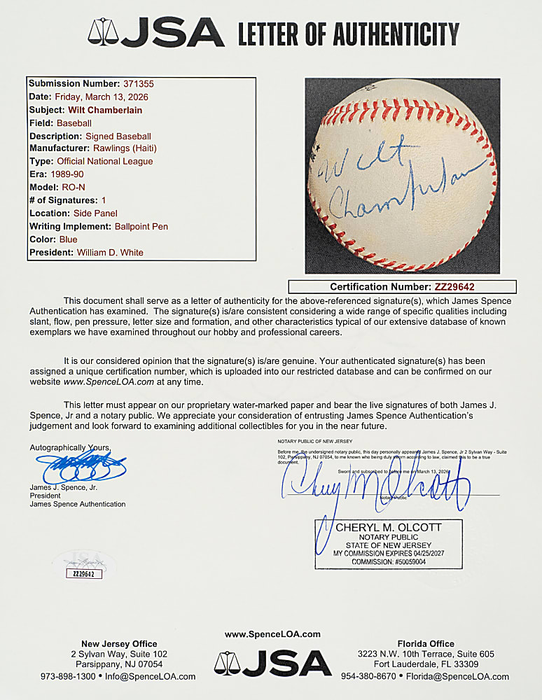 Wilt Chamberlain Single-Signed Baseball - JSA