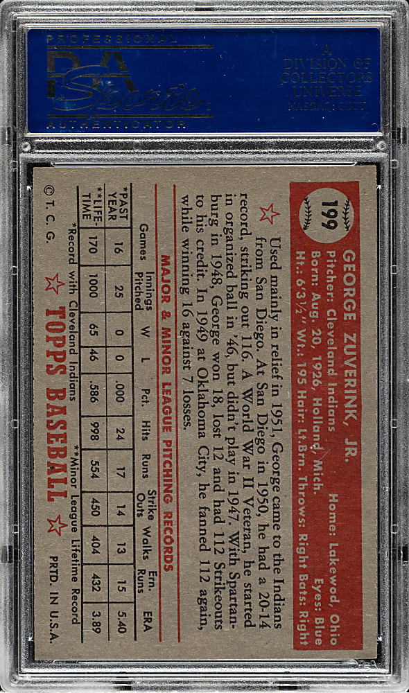 1952 Topps #199 George Zuverink PSA NM 7