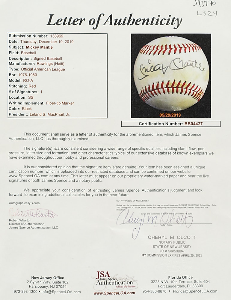 Mickey Mantle Single-Signed Portrait Baseball - JSA