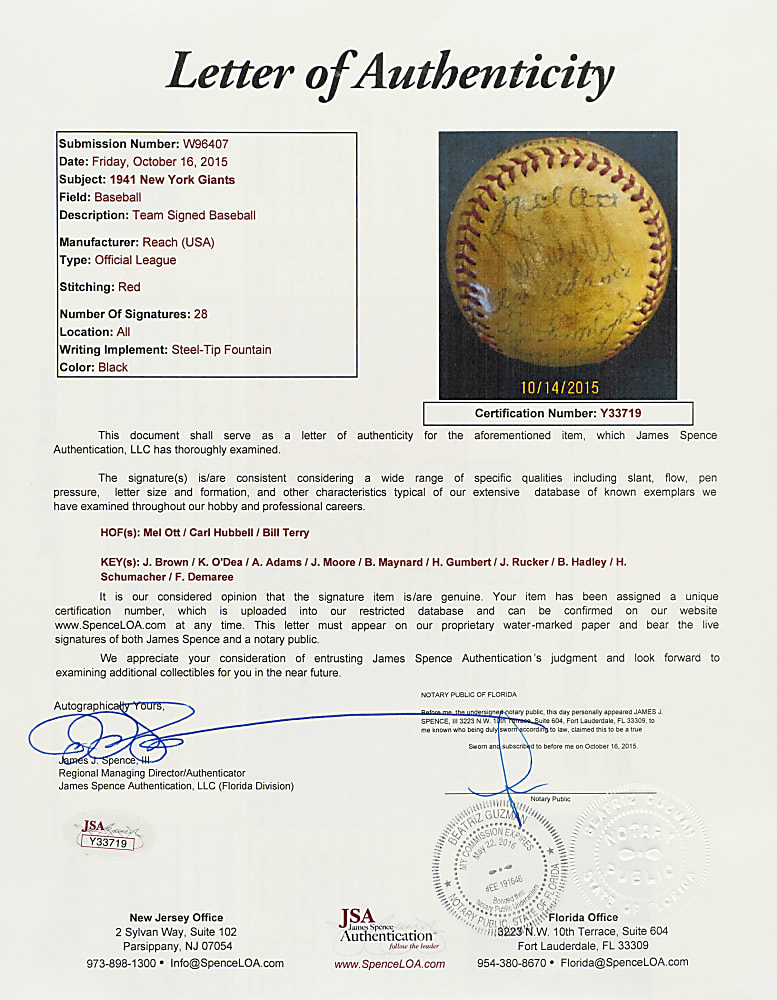 1941 New York Giants Team-Signed Baseball with Ott, Hubbell, and Terry - JSA