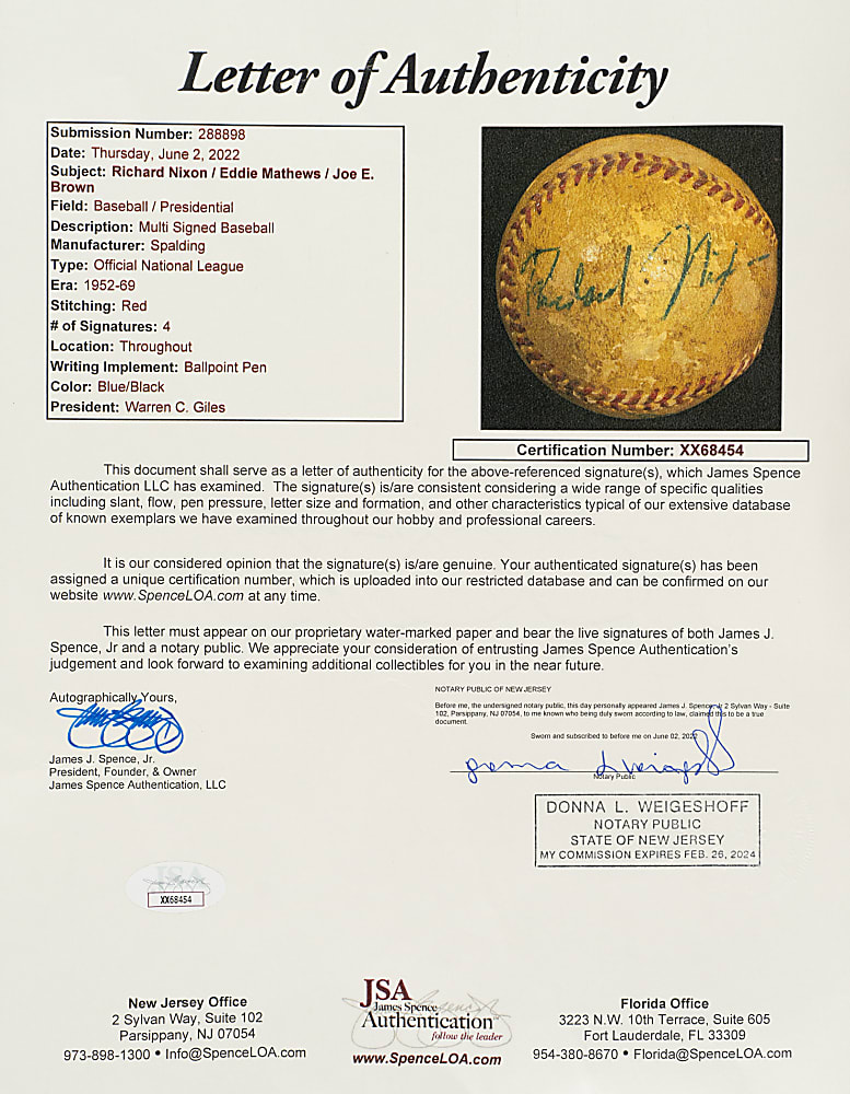 Richard Nixon, Eddie Mathews, and Joe E. Brown Multi-Signed Baseball - JSA