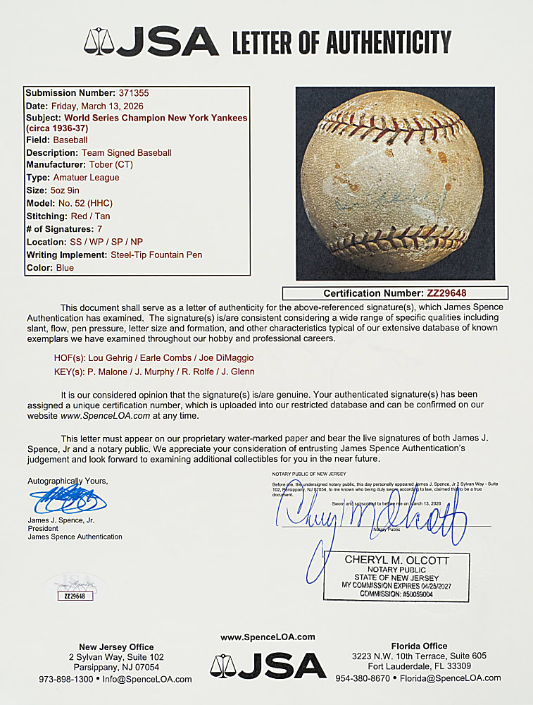 Circa 1936 New York Yankees Team-Signed Baseball with Lou Gehrig and Joe DiMaggio - JSA