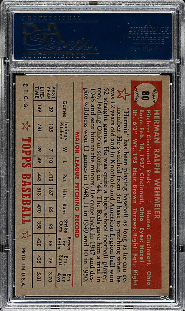 1952 Topps #80 Herman Wehmeier PSA NM 7