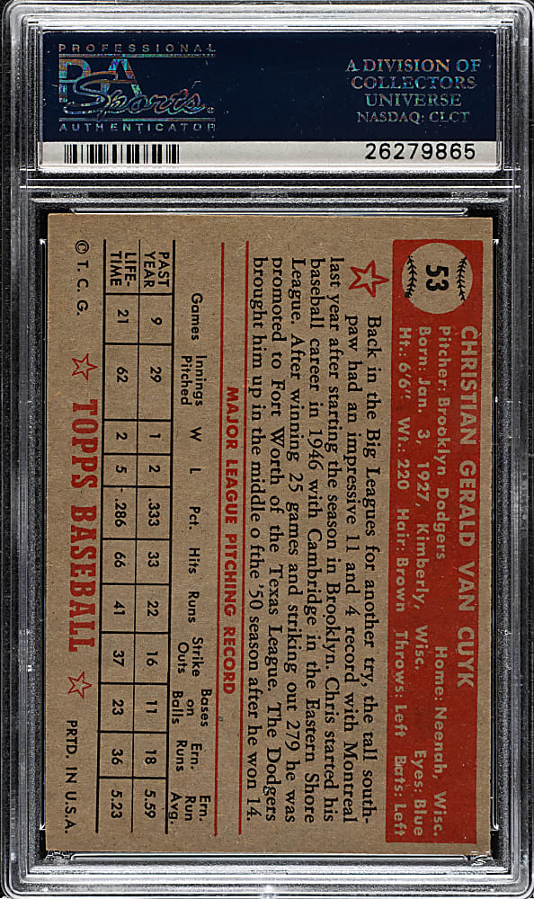 1952 Topps #53 Chris Van Cuyk PSA NM-MT 8