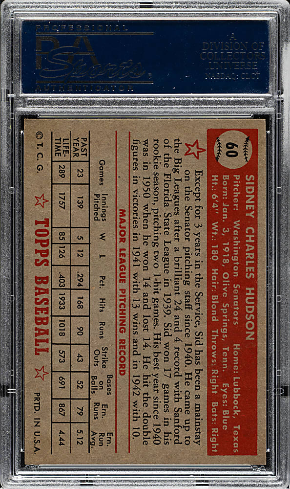 1952 Topps #60 Sid Hudson PSA NM+ 7.5