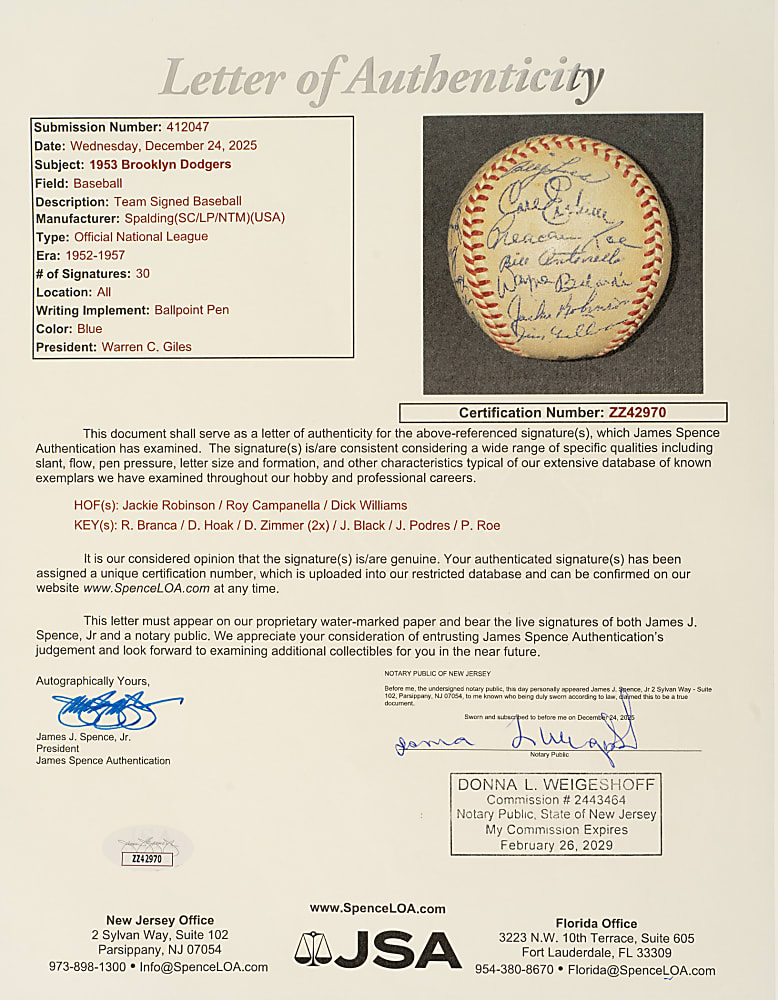 1953 Brooklyn Dodgers National League Champions Team-Signed Baseball with Jackie Robinson and Roy Campanella - JSA