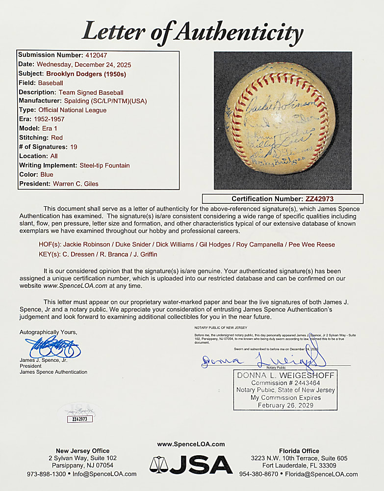 Early 1950s Brooklyn Dodgers Multi-Signed Baseball with Jackie Robinson, Gil Hodges, and Roy Campanella - JSA