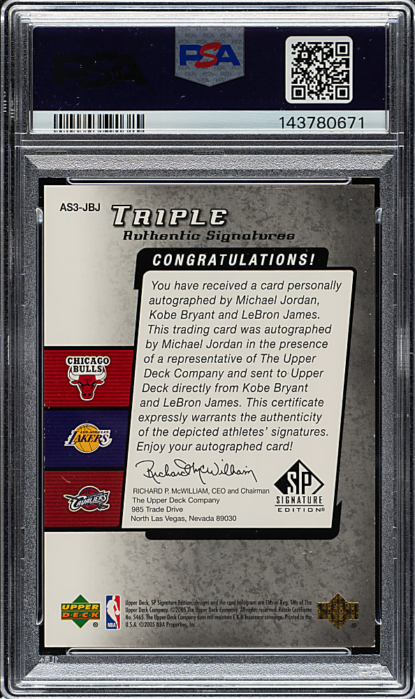 2004-2005 Upper Deck SP Signature Triple Authentic Signatures Basketball #AS3-JBJ Michael Jordan/Kobe Bryant/LeBron James #12/25 PSA EX 5