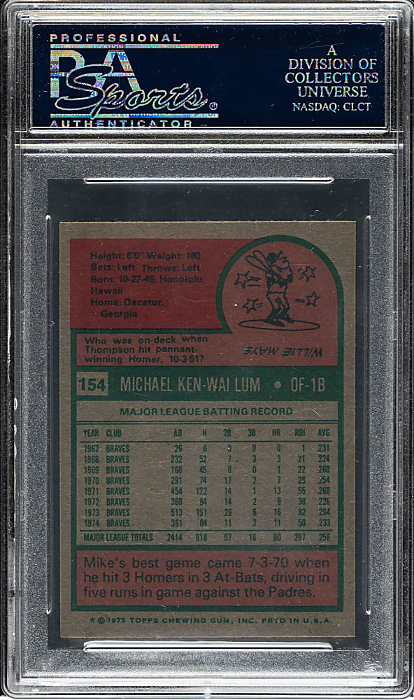 1975 Topps Mini #154 Mike Lum PSA GEM MINT 10