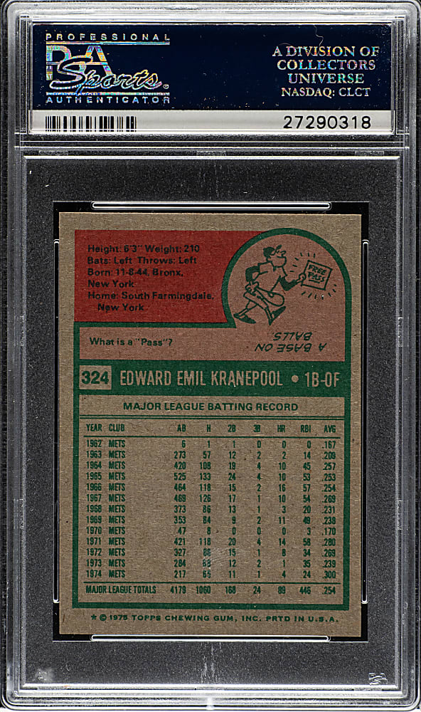 1975 Topps Mini #324 Ed Kranepool PSA GEM MINT 10