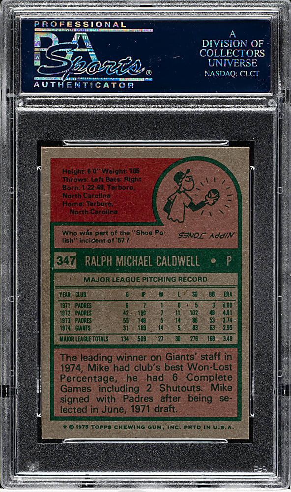 1975 Topps Mini #347 Mike Caldwell PSA GEM MINT 10