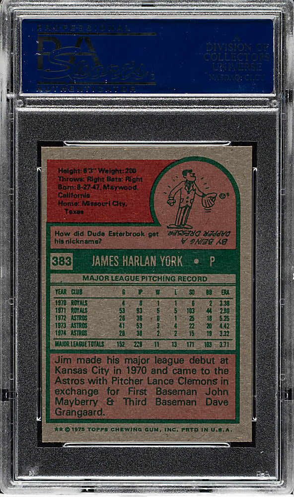 1975 Topps Mini #383 Jim York PSA GEM MINT 10