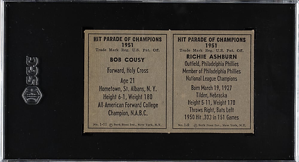 1951 Berk Ross #1-9/1-11 Richie Ashburn/Bob Cousy Rookie Complete Panel SGC VG/EX+ 4.5