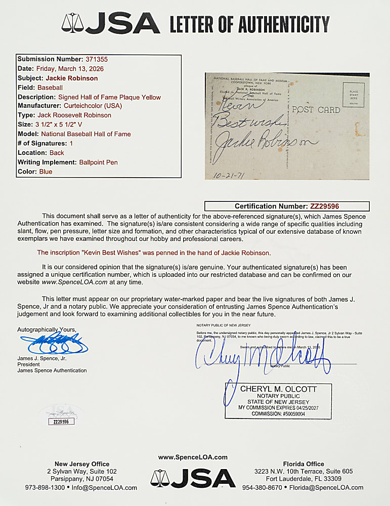 Jackie Robinson Signed Yellow Hall of Fame Postcard - JSA