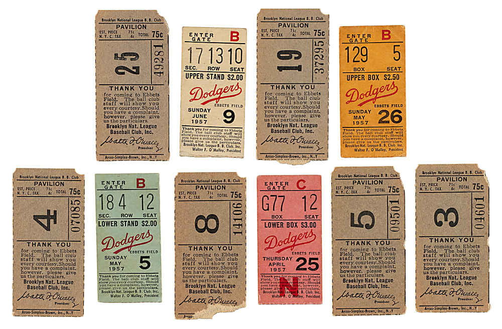 1957 Brooklyn Dodgers Ebbets Field Ticket Stub Collection (20) - Final Season in Brooklyn - Aaron, Snider, and Musial Home Runs