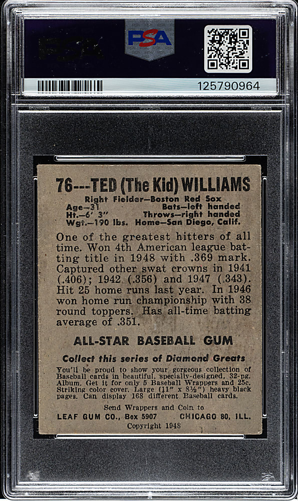 1948-1949 Leaf #76 Ted Williams PSA VG+ 3.5