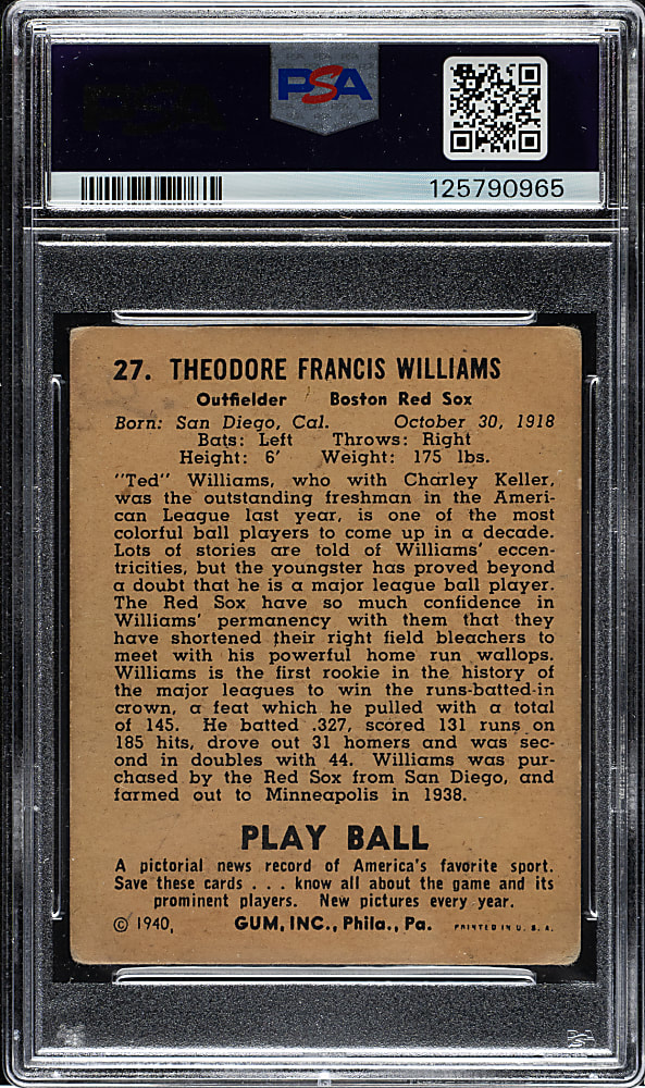 1940 R335 Play Ball #27 Ted Williams PSA GOOD 2 (MK)