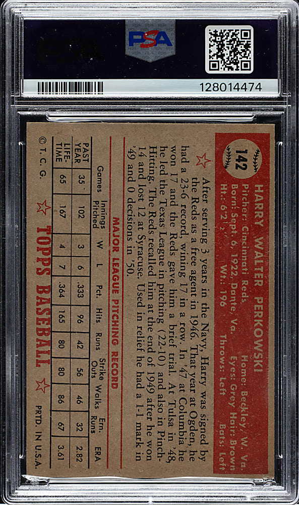 1952 Topps #142 Harry Perkowski PSA EX-MT 6 - "Canadian" Gray Back