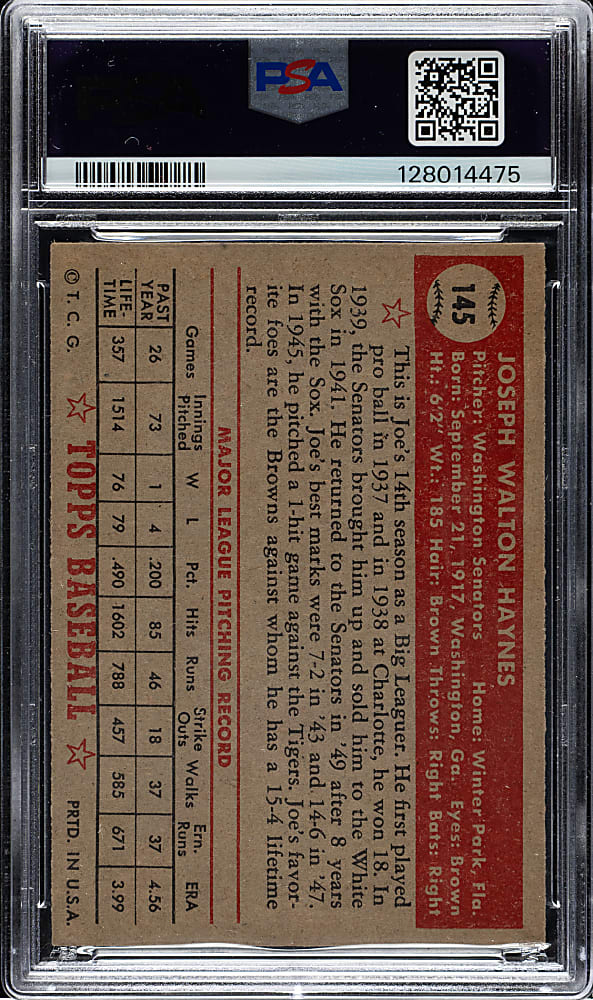 1952 Topps #145 Joe Haynes PSA EX-MT 6 - "Canadian" Gray Back