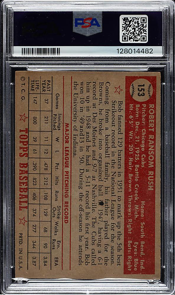 1952 Topps #153 Bob Rush PSA EX-MT 6 - "Canadian" Gray Back - Highest Graded!