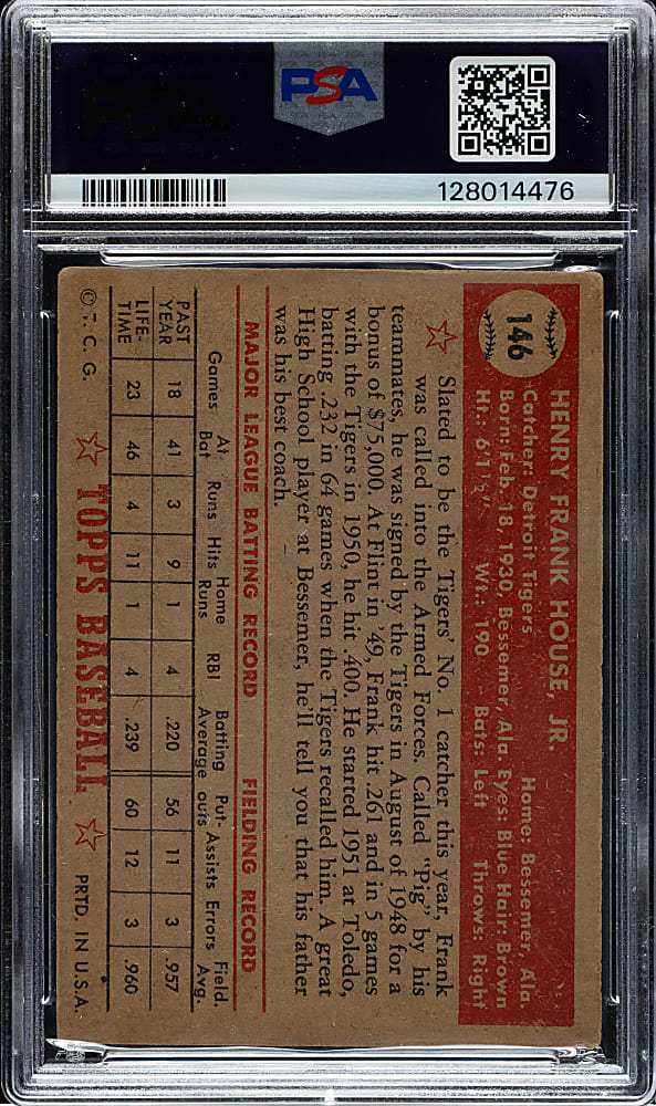 1952 Topps #146 Frank House PSA VG 3 - "Canadian" Gray Back